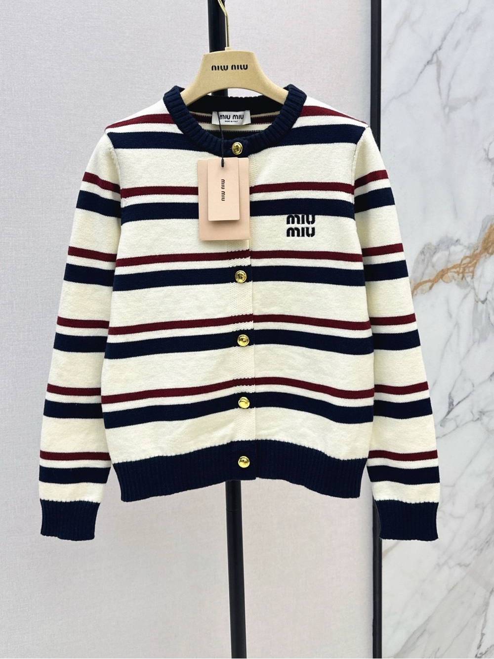 Miu Miu Cream Navy Burgundy Striped Knit Cardigan